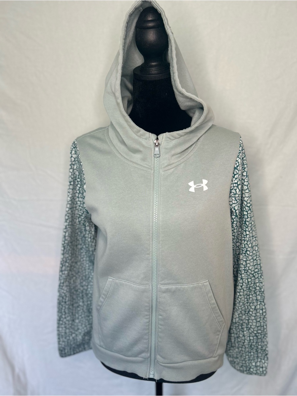Under Armour Girls YXL Rival Fleece Full Zip Hoodie Patterned Sleeves Athleisure